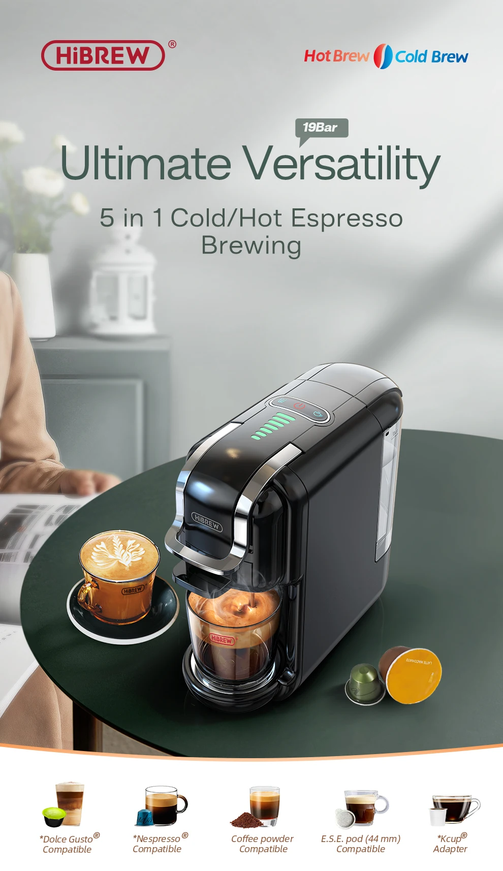 HiBREW Multiple Capsule Coffee Machine Hot/Cold DG Cappuccino Nes Small Capsule ESE Pod Ground Coffee Cafeteria 19Bar 5 in 1 H2B