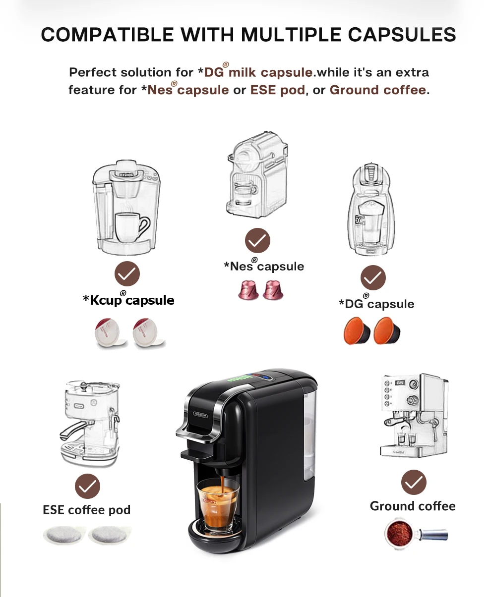 HiBREW Multiple Capsule Coffee Machine Hot/Cold DG Cappuccino Nes Small Capsule ESE Pod Ground Coffee Cafeteria 19Bar 5 in 1 H2B