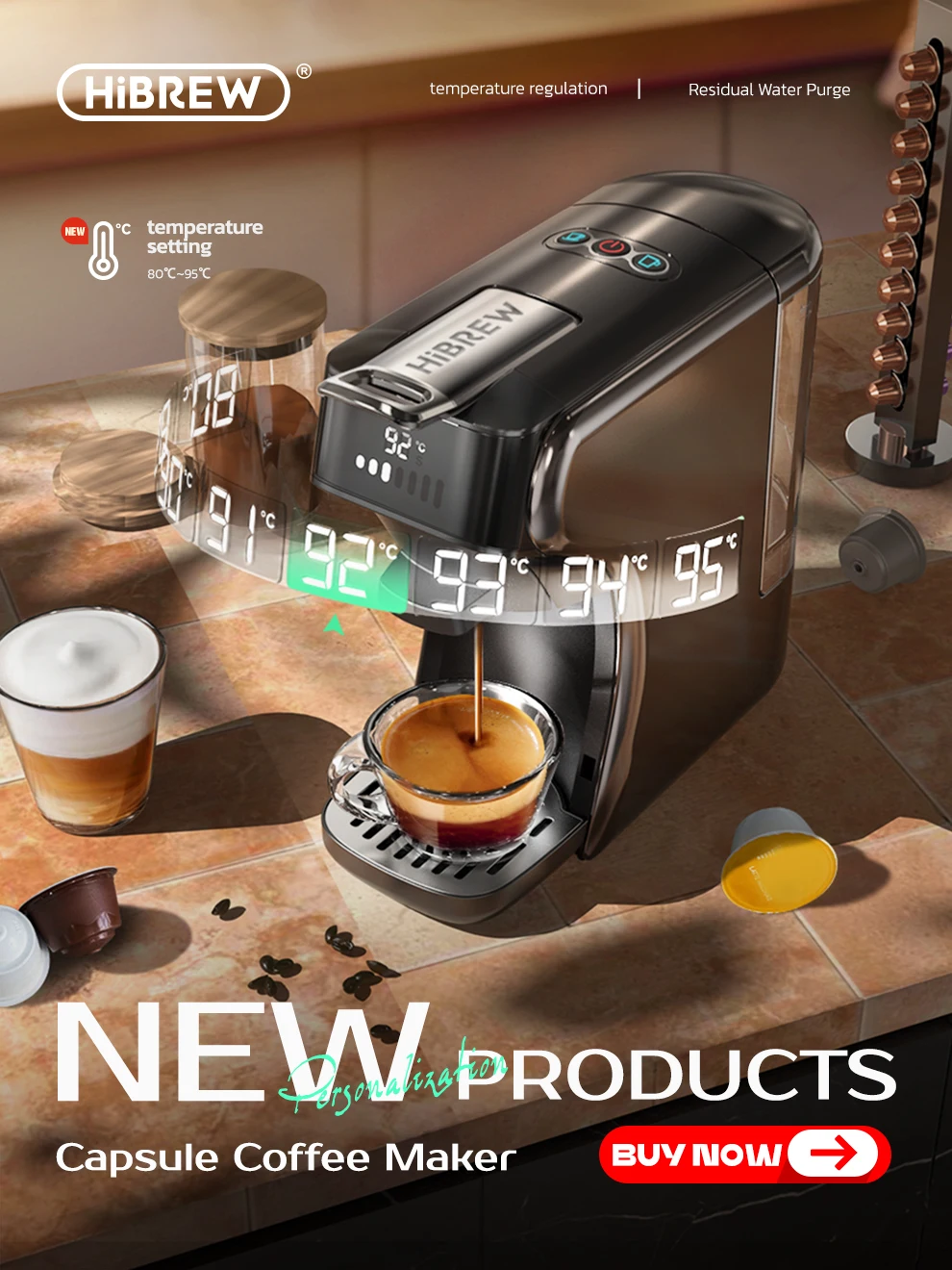 HiBREW Multiple Capsule Coffee Machine Hot/Cold DG Cappuccino Nes Small Capsule ESE Pod Ground Coffee Cafeteria 19Bar 5 in 1 H2B