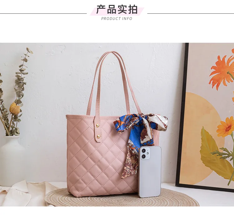 Fashion Women Shoulder Bag Rhombic Embroidery Handbag PU Leather Solid Color Underarm Bag Casual large size Tote bag