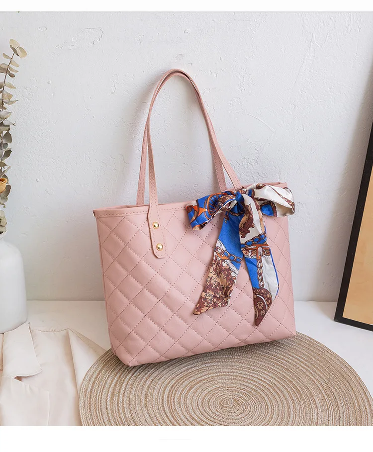 Fashion Women Shoulder Bag Rhombic Embroidery Handbag PU Leather Solid Color Underarm Bag Casual large size Tote bag